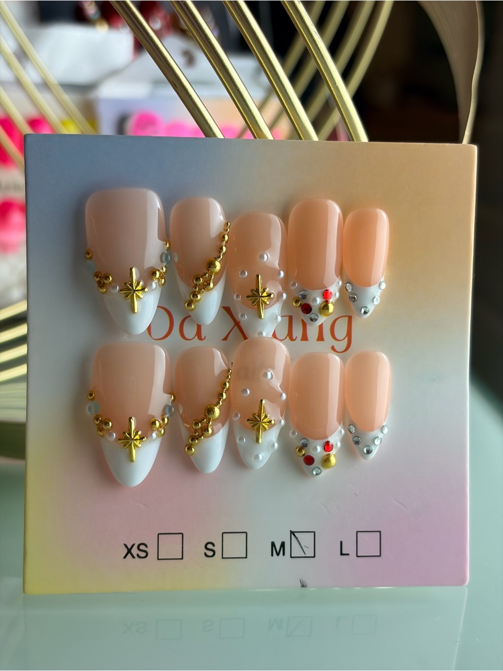 Peach & White Jeweled Press-On Nails Medium